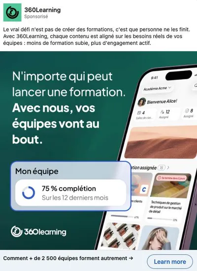 Publicité LinkedIn 360Learning : 75% complétion, vos équipes vont au bout, mockup mobile, 2500 équipes