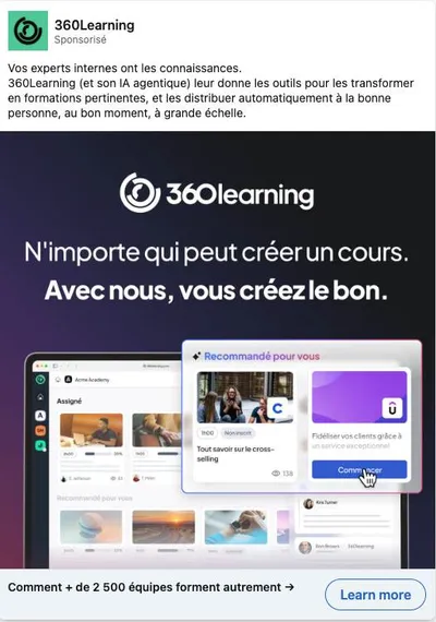 Publicité LinkedIn 360Learning : Créer le bon cours, IA recommandation, mockup desktop