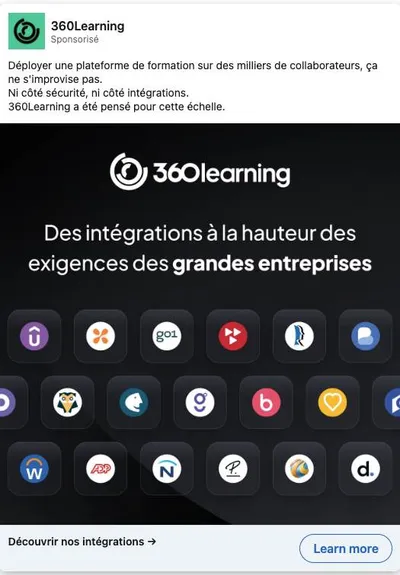 Publicité LinkedIn 360Learning : Intégrations grandes entreprises, logo wall, sécurité et échelle