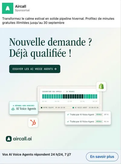Publicité LinkedIn Aircall : Minutes IA gratuites jusqu'au 30 septembre, couverture 24h, AI Voice Agents