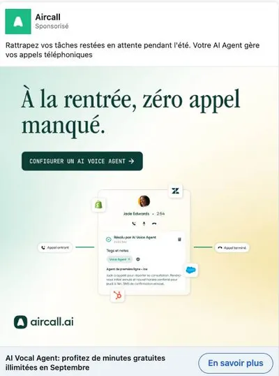 Publicité LinkedIn Aircall : Rentrée zéro appel manqué, AI Voice Agent, minutes gratuites septembre
