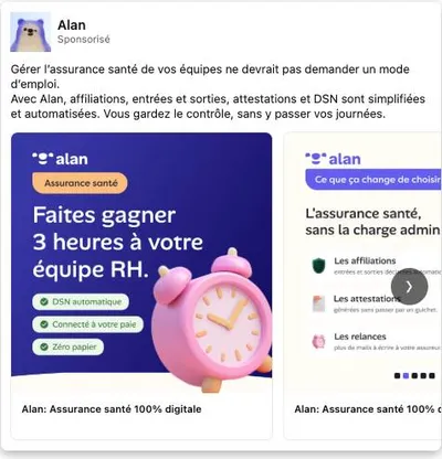 Publicité LinkedIn Alan : 3 heures gagnées équipe RH, DSN automatique, carousel, mascotte