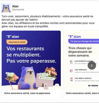 Publicité LinkedIn Alan : Vos restaurants se multiplient pas votre paperasse, cible restauration, carousel