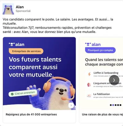 Publicité LinkedIn Alan : Vos talents comparent votre mutuelle, cible entreprises de services, carousel, 41000 entreprises