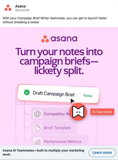 Publicité LinkedIn Asana : AI Teammate campaign brief writer, mockup workflow