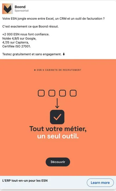 Publicité LinkedIn Boond : Excel CRM facturation vs un seul outil, visuel minimaliste orange