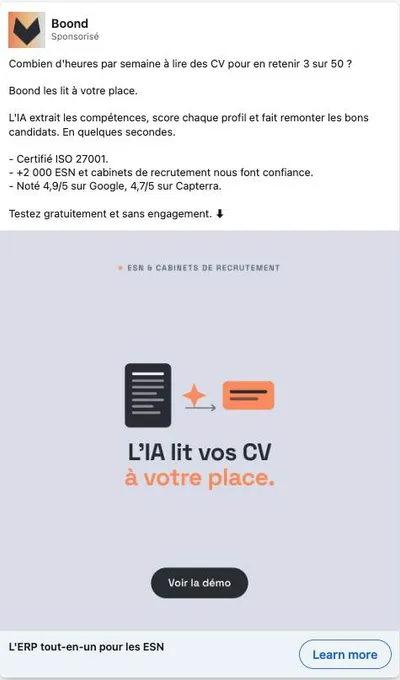 Publicité LinkedIn Boond : L'IA lit vos CV à votre place, hook heures perdues, CTA démo