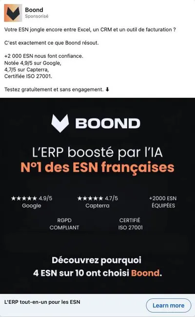 Publicité LinkedIn Boond : N1 des ESN françaises, 4.9 Google 4.7 Capterra, 2000 ESN, ISO 27001