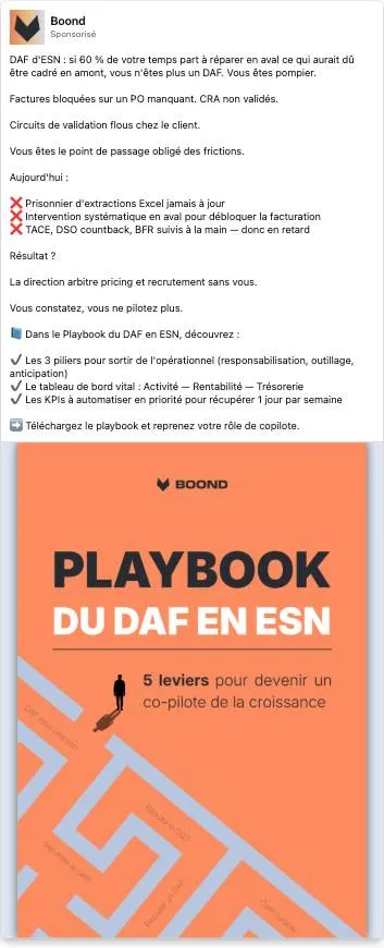 Publicité LinkedIn Boond : Playbook du DAF en ESN, copy long format PAS, cible DAF, 5 leviers