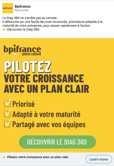 Publicité LinkedIn Bpifrance : Diag 360 plan de croissance, checklist 3 bénéfices, fond jaune