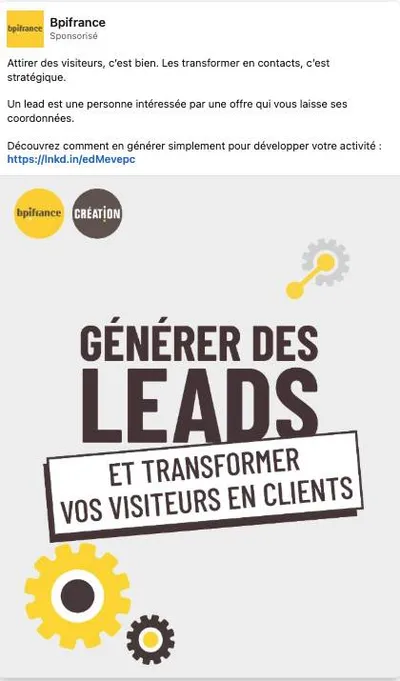 Publicité LinkedIn Bpifrance : Générer des leads et transformer vos visiteurs, définition du lead, cible créateurs, style affiche