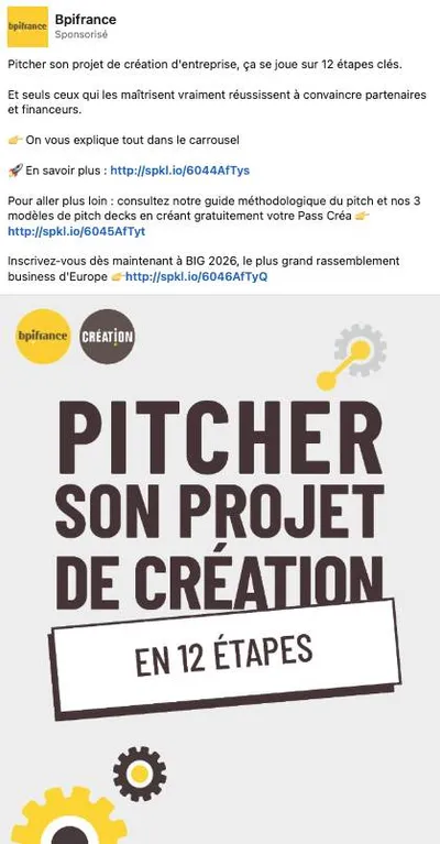 Publicité LinkedIn Bpifrance : Pitcher son projet en 12 étapes, carousel, guide et modèles pitch deck via Pass Créa, cible créateurs