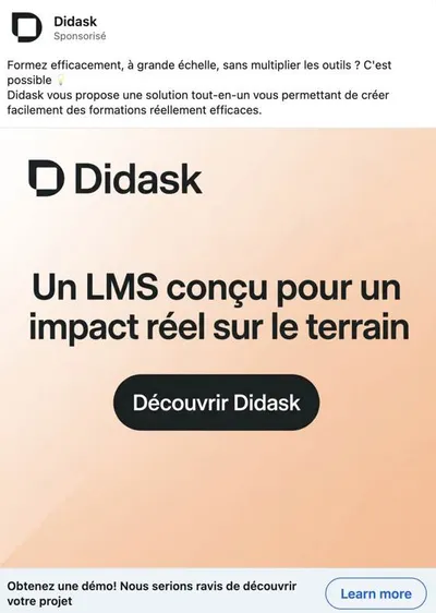 Publicité LinkedIn Didask : LMS impact terrain, CTA démo, fond pêche, copy tout-en-un