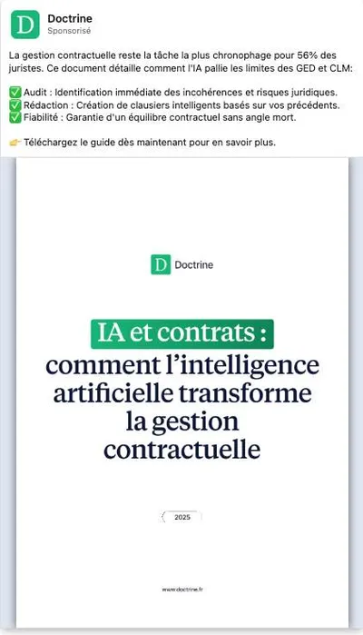 Publicité LinkedIn Doctrine : Guide IA et contrats, hook 56% des juristes, limites GED et CLM