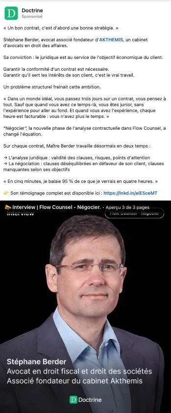 Publicité LinkedIn Doctrine : Interview Stéphane Berder Akthemis, Flow Counsel, document ad 3 pages, copy long