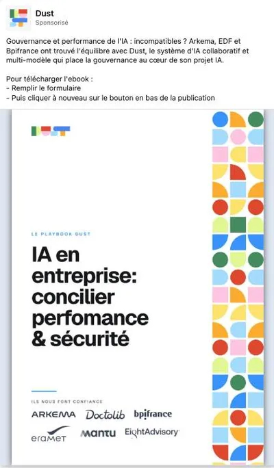 Publicité LinkedIn Dust : Playbook IA en entreprise performance et sécurité, logo wall Arkema EDF Bpifrance, formulaire