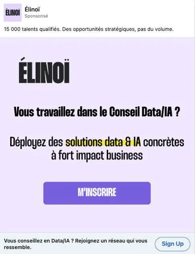 Publicité LinkedIn Elinoi : Call-out Conseil Data IA, question hook, 15000 talents, cible candidats consultants