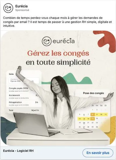 Publicité LinkedIn Eurecia : Congés par email, variante visuel bras levés, mockup calendrier