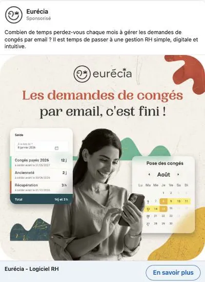 Publicité LinkedIn Eurecia : Demandes de congés par email c'est fini, mockup calendrier