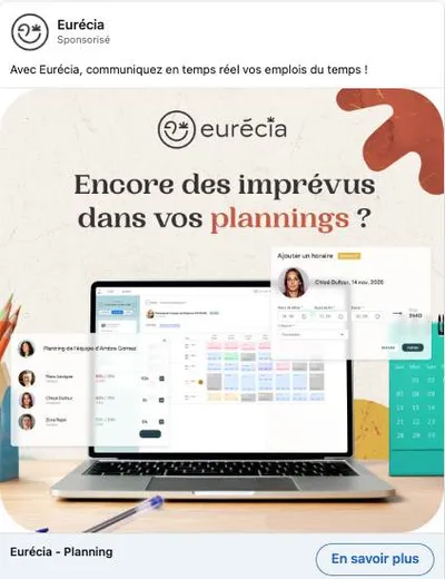 Publicité LinkedIn Eurecia : Encore des imprévus dans vos plannings, question hook, mockup laptop
