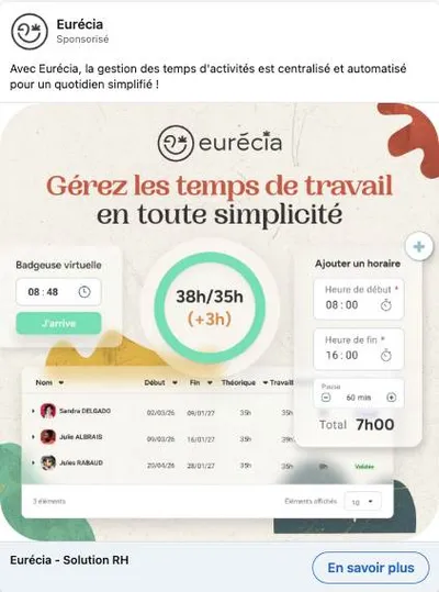 Publicité LinkedIn Eurecia : Gérez les temps de travail, badgeuse virtuelle, mockup