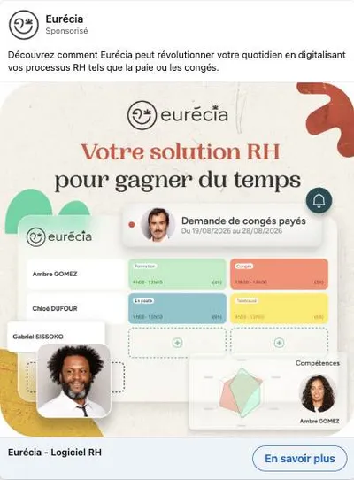 Publicité LinkedIn Eurecia : Solution RH gagner du temps, planning et compétences, mockup