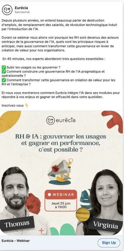 Publicité LinkedIn Eurecia : Webinar RH et IA gouvernance, 2 intervenants, date et heure