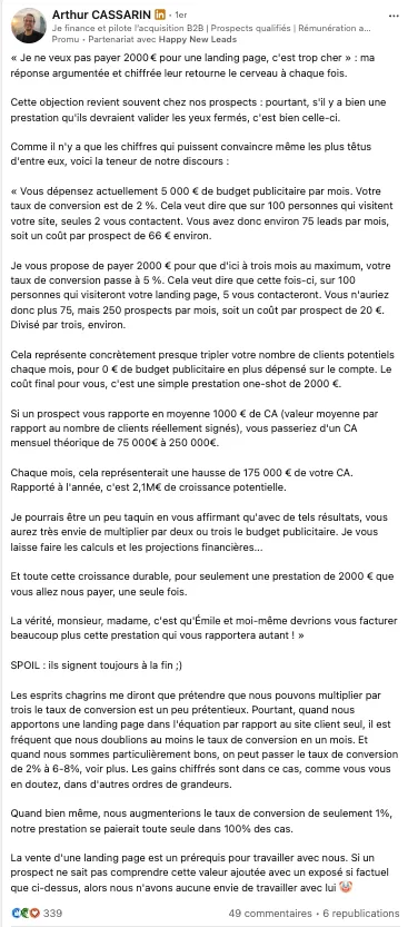 Exemple de post sponsorisé en Thought Leader Ad avec ses statistiques