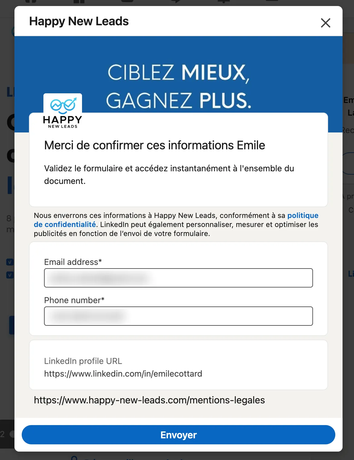 Formulaire Lead Gen LinkedIn natif : les coordonnées du membre sont pré-remplies, il ne reste qu'à valider