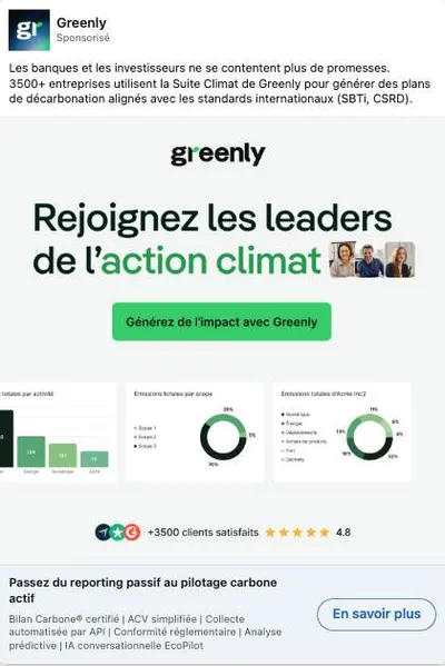 Publicité LinkedIn Greenly : Rejoignez les leaders de l'action climat, 3500 clients, note 4.8, mockups dashboards carbone