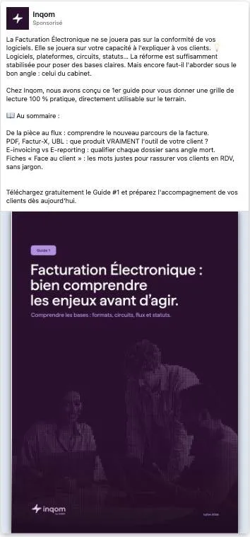 Publicité LinkedIn Inqom : Guide 1 facturation électronique, cible cabinets comptables, sommaire détaillé