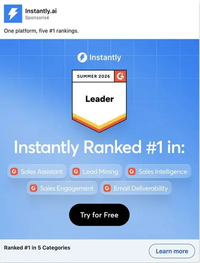 Publicité LinkedIn Instantly : Badge G2 Leader Summer 2026, numéro 1 dans 5 catégories, pills catégories, CTA try for free
