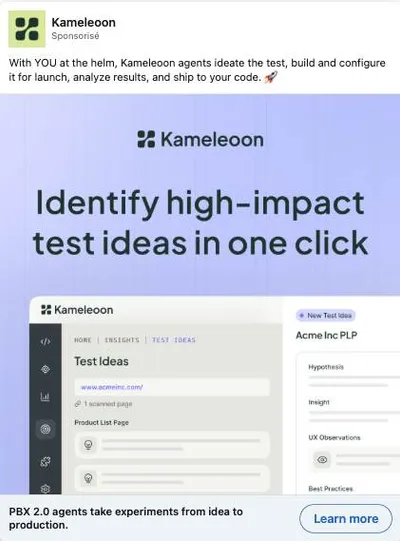 Publicité LinkedIn Kameleoon : Identify high-impact test ideas in one click, agents PBX 2.0, mockup