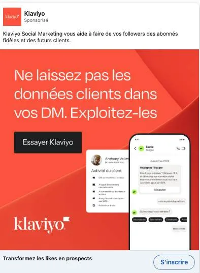 Publicité LinkedIn Klaviyo : Données clients dans vos DM, Social Marketing, mockup chat
