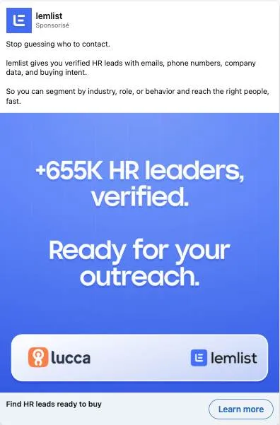 Publicité LinkedIn lemlist : 655K HR leads vérifiés, cobranding Lucca, hook stop guessing