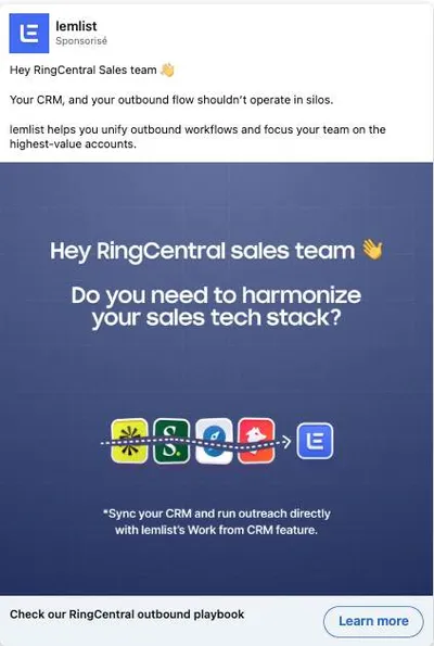 Publicité LinkedIn lemlist : ABM Hey RingCentral sales team, harmoniser le sales tech stack, logos outils