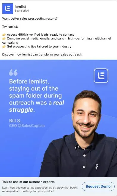 Publicité LinkedIn lemlist : Témoignage Bill CEO spam folder before lemlist, photo portrait