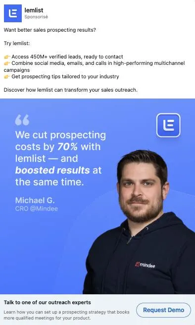 Publicité LinkedIn lemlist : Témoignage Michael CRO coûts moins 70%, photo portrait