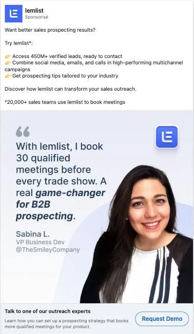 Publicité LinkedIn lemlist : Témoignage Sabina 30 meetings avant chaque salon, photo portrait