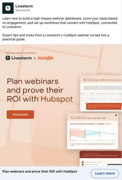 Publicité LinkedIn Livestorm : Guide plan webinars and prove ROI with HubSpot, cobranding, issu d'un webinar