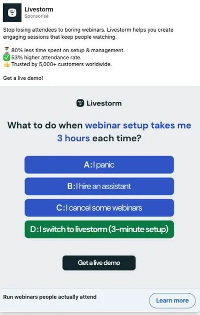 Publicité LinkedIn Livestorm : Quiz humour setup 3 heures, panic assistant cancel ou switch, setup 3 minutes