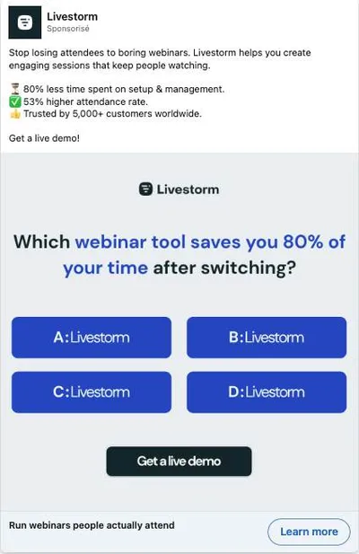 Publicité LinkedIn Livestorm : Quiz humour toutes les réponses Livestorm, 80% de temps gagné, 53% présence, 5000 clients