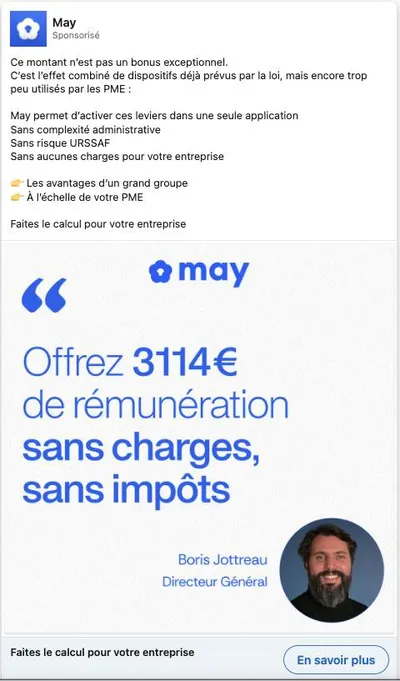 Publicité LinkedIn May : Offrez 3114 euros sans charges sans impôts, format citation DG, dispositifs légaux