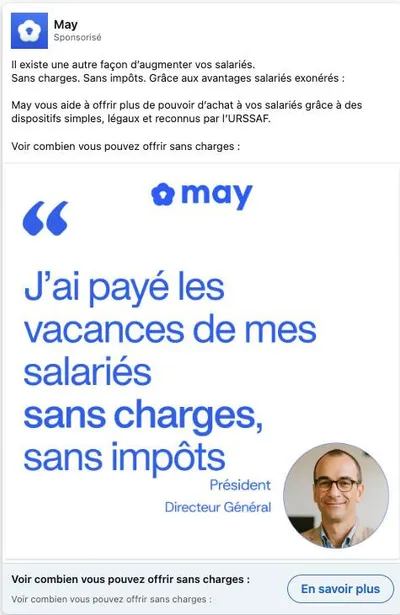 Publicité LinkedIn May : Témoignage anonyme Président vacances payées sans charges, photo portrait