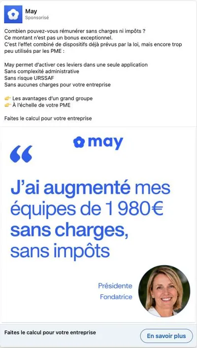 Publicité LinkedIn May : Témoignage anonyme Présidente 1980 euros sans charges, photo portrait