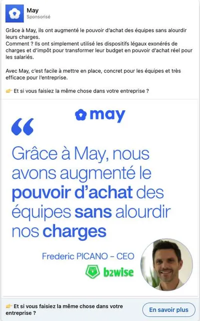 Publicité LinkedIn May : Témoignage CEO b2wise pouvoir d'achat sans charges, photo portrait