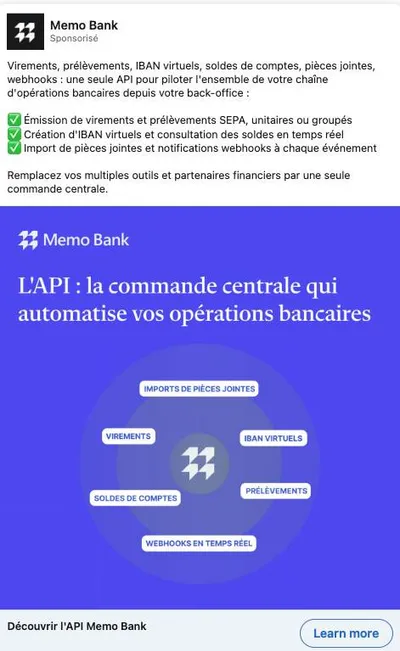 Publicité LinkedIn Memo Bank : API commande centrale opérations bancaires, liste features, schéma radial