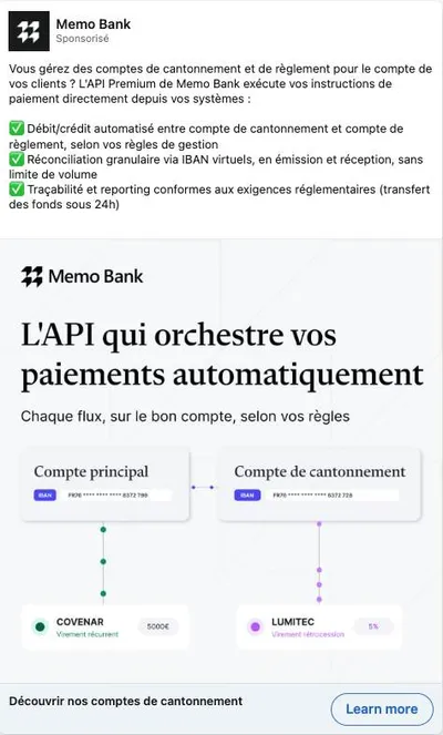 Publicité LinkedIn Memo Bank : Comptes de cantonnement, API Premium, schéma flux paiement