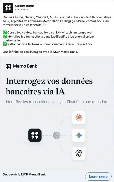 Publicité LinkedIn Memo Bank : MCP interroger données bancaires via IA, logos Claude Gemini ChatGPT