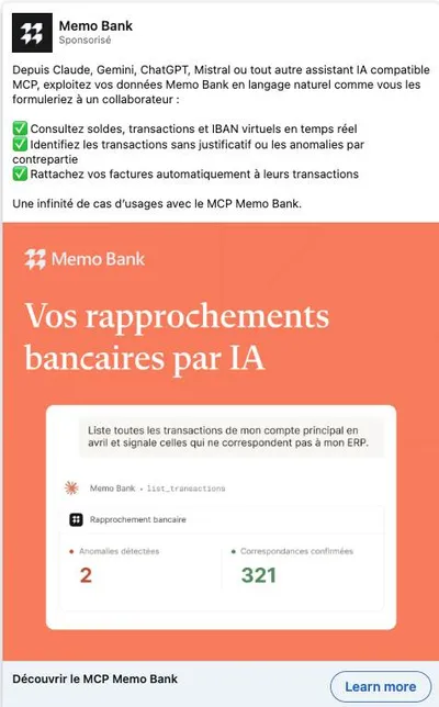 Publicité LinkedIn Memo Bank : MCP rapprochement bancaire par IA, mockup prompt, fond orange